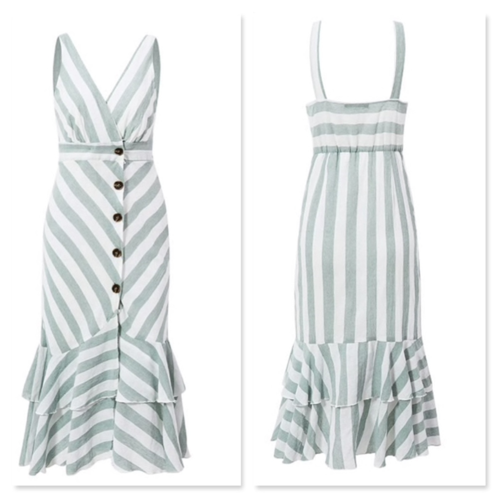Ruffle Detail Striped Surplice Button Midi Dress - Picture 6 of 8